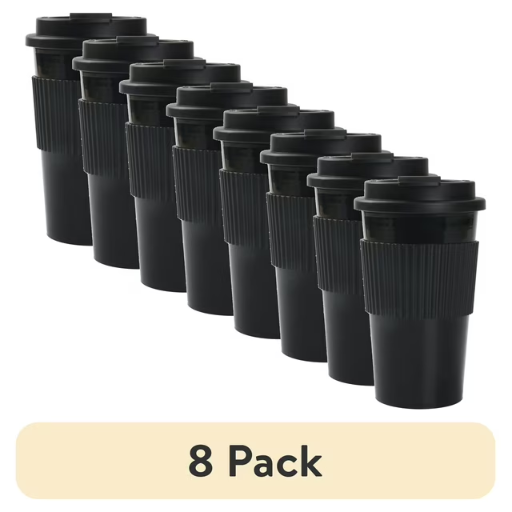 8 Pack Mainstays 18oz Rich Black Plastic Travel Coffee Cup with Lid