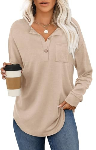 Women's Curved Hem Henley Shirts with Pocket