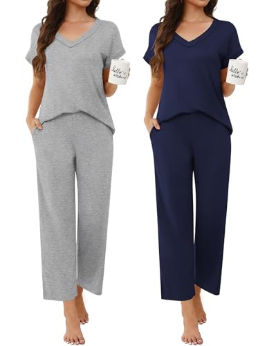 Ekouaer 2 Pack Short Sleeve V Neck Pajamas