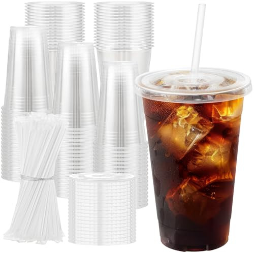 100 Pack 20 oz Plastic Cups with Lids and Straws