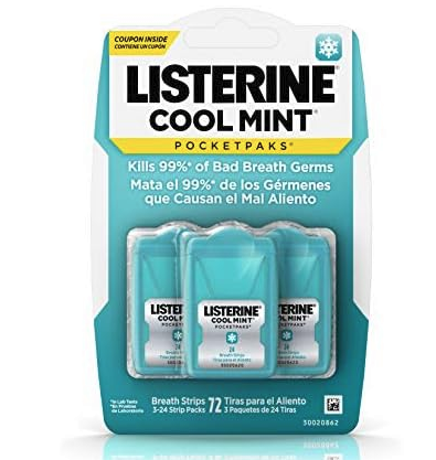 Listerine Cool Mint Pocketpaks Breath Strips 3-Pack, 72 Count