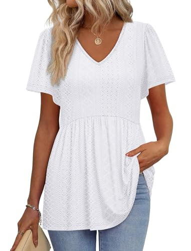 Ofeefan V Neck Babydoll Puff Sleeve Tops