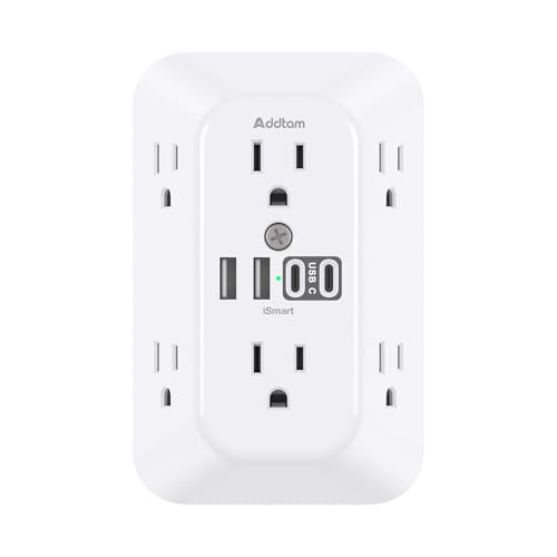 Addtam Surge Protector Outlet Extender 6-Outlet Splitter with 4 USB Wall Charger (2 USB-C Ports)