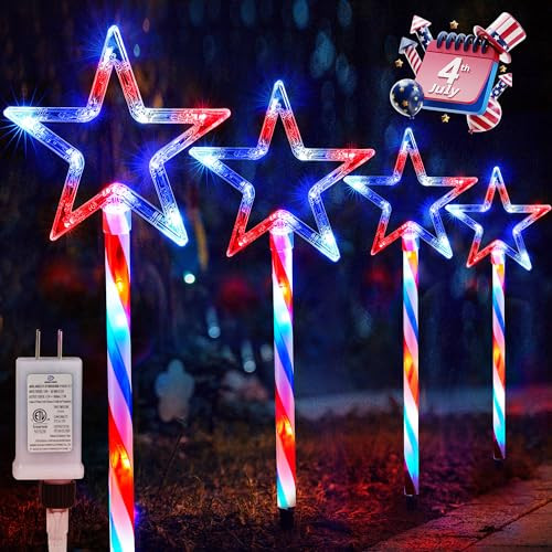 WBao 4th of July Decorations Outdoor, 4PCS Red White Blue Star Lights with Lighted Stakes
