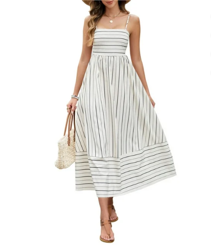 HVEOO Women's Striped Spaghetti Strap Maxi Dress
