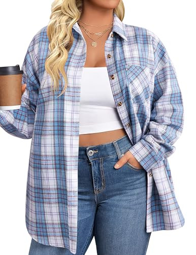 Women's Plus Size Flannel Plaid Button Down Shirt
