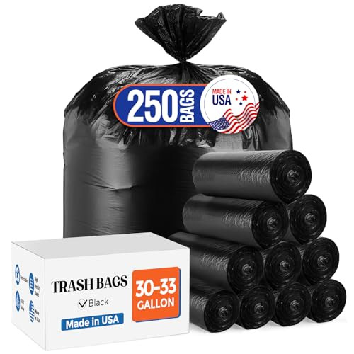 Delxo 33 Gallon Black Trash Bags, 250 Count