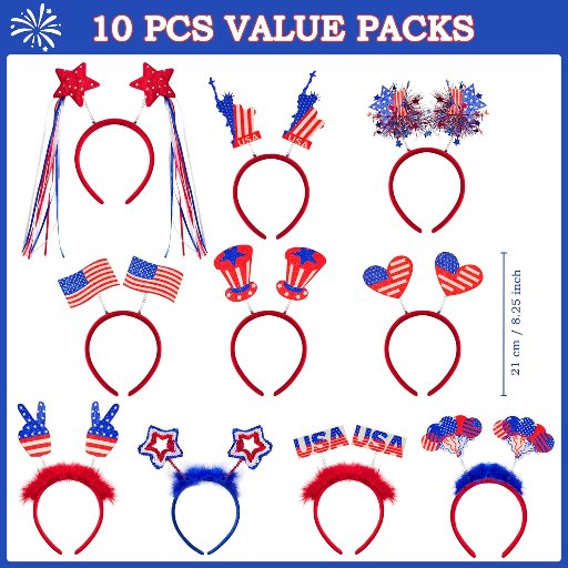JOYIN 10 Pcs 4th of July Patriotic Headbands
