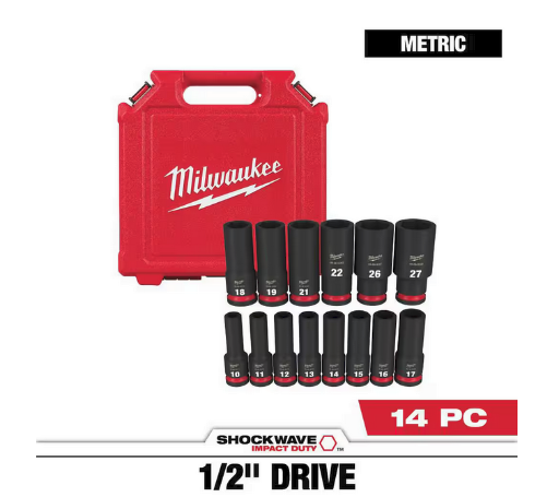 Milwaukee SHOCKWAVE Metric Deep Well Impact Socket Set, 14 Pcs