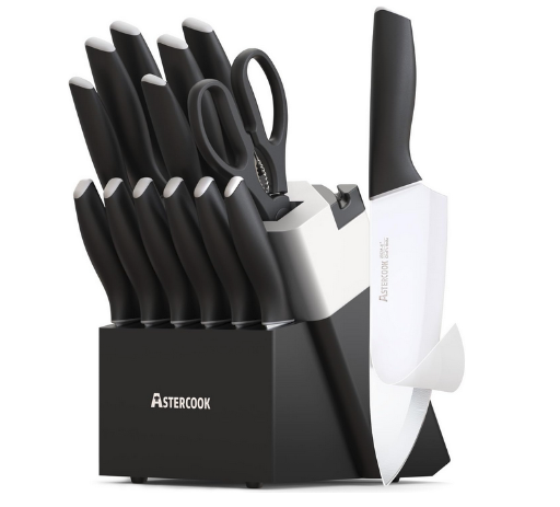 Astercook 15-Piece Knife Set W/Block & Sharpener