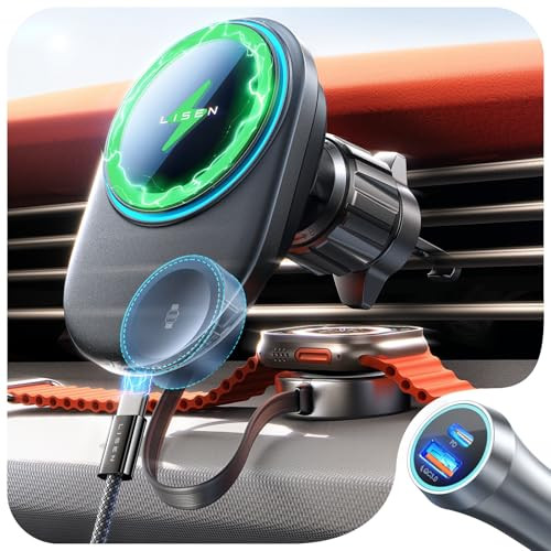 LISEN 2-in-1 MagSafe Car Mount Retractable Apple Watch Charger Kit