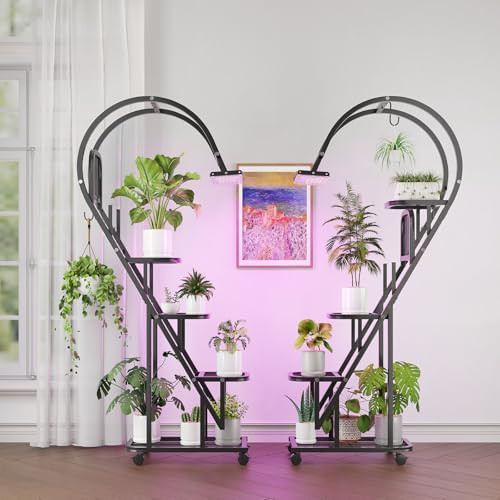 2-Pack 65" Bestier 5-Tier Heart-Shaped Metal Plant Stands w/ Grow Lights & Wheels