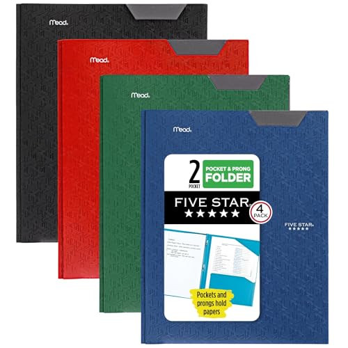 4-Pack Five Star 2 Pocket Folders with Prong Fasteners