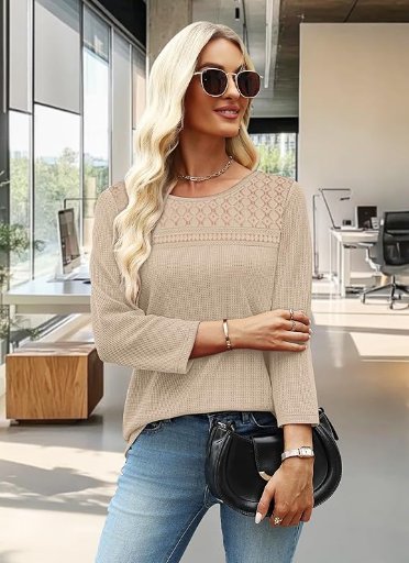 Ofeefan Lace Front 3/4 Length Sleeve Tops