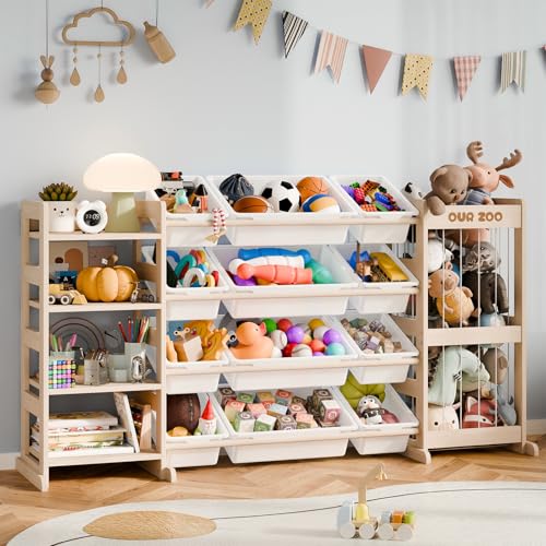 Ikalife 59" 3-in-1 Kids' Pine Wood Toy Storage Organizer w/ Stuffed Animal Zoo, 12 Plastic Bins and 4-Tier Bookshelf (Natural)