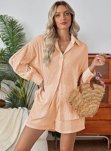 Fixmatti 2 Piece Outfits Long Sleeve Button Down Shirt and Shorts Sweatsuit Lounge Sets