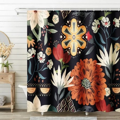 BSHAPPLUS 71" x 71" Bohemian Floral Fabric Shower Curtain Set W/12 Hooks