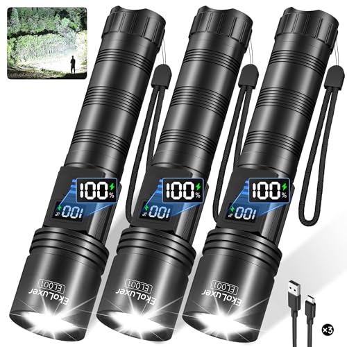 Tughlax Rechargeable LED Flashlights w/ LCD Display & 5 Modes 3-Pack