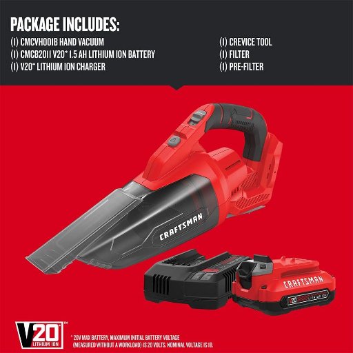CRAFTSMAN V20 Cordless Hand Vacuum Kit w/ Filter, Battery & Charger