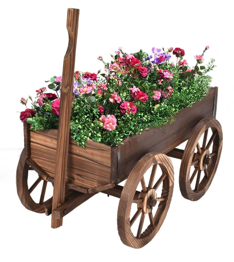 Rolling Wooden Wagon Flower Planter Box