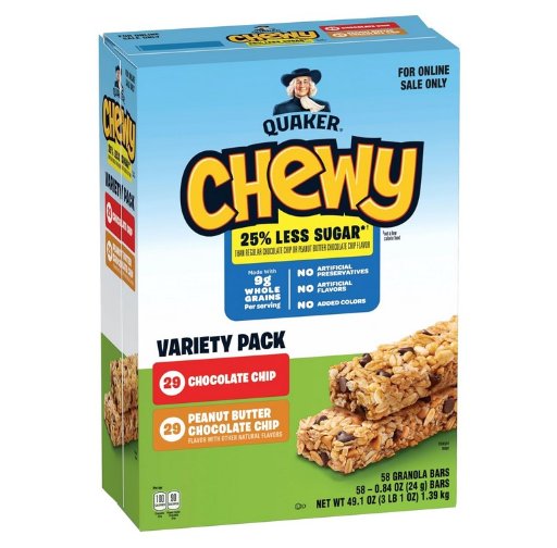 Quaker Chewy Granola Bars, 25% Less Sugar, 2 Flavor Variety Pack, 58ct