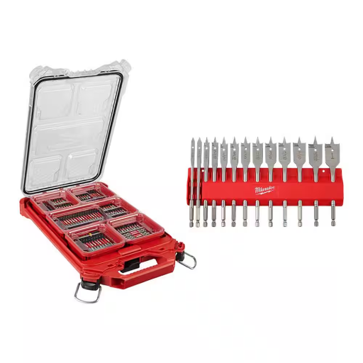 Milwaukee Shockwave Steel Screw Driver Bit Set w/ Packout Case & High Speed Wood Spade Bit Set
