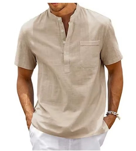 Cotton Linen Henley Neck Pocket Casual Beach Shirt