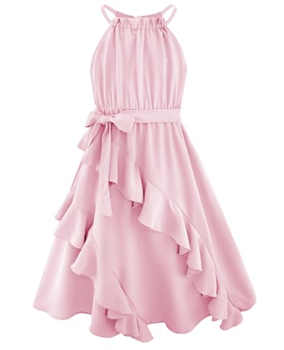 HOZIY Girls Pink Tiered Ruffle Swing Halter Neck Sleeveless Chiffon Summer Birthday Party Dress 6T 7T Deal