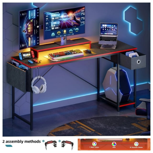 Bestier 62" Carbon Fiber Gaming Desk w/ LED Lights & Monitor Stand