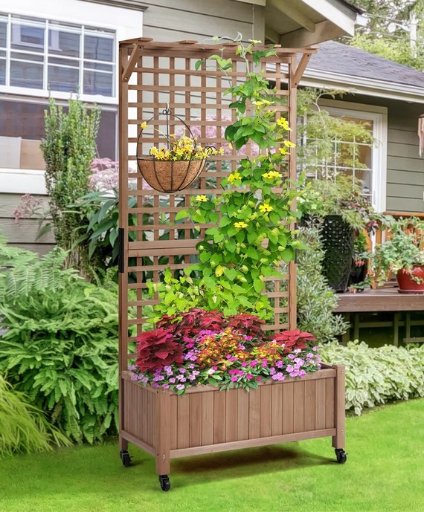 Handmade Fir Wood Planter Box with Trellis and Wheels
