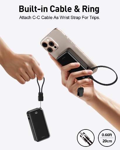 iWalk Small Portable 10,000mAh Power Bank with Built-in USB-C Cable