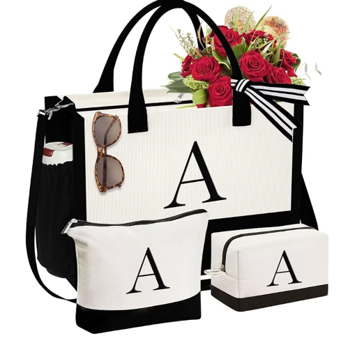 Initial Canvas Tote Bag & Makeup Bag