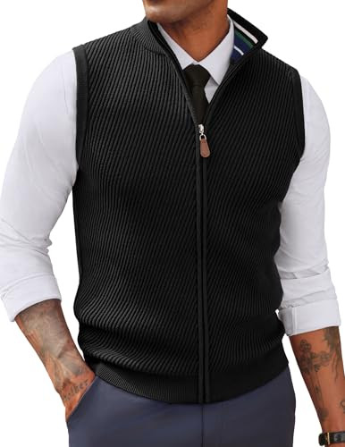 Men's Slim Fit Twill Textured Full Zip Sleeveless Vests