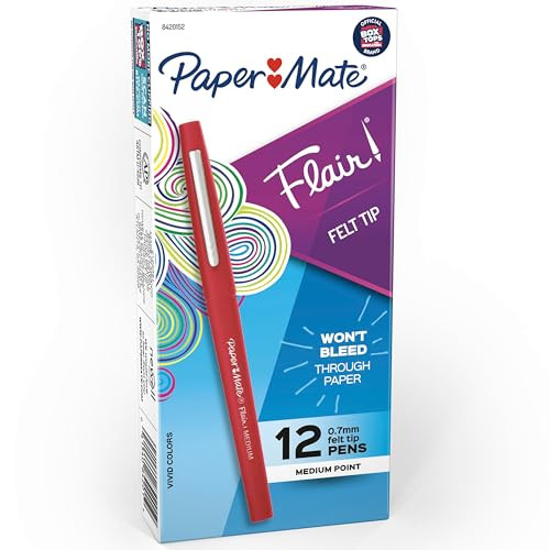 Paper Mate Flair Felt Tip Pens, Medium Point, Red Ink, 12 Count