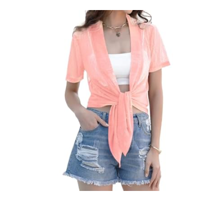 iClosam Sheer Shrug Tie Front 3/4 Sleeve Cropped Bolero Cardigan