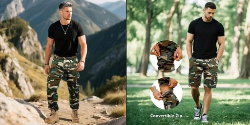 GINGTTO Mens Camo Cargo Pants/Shorts W/Zip Off Legs