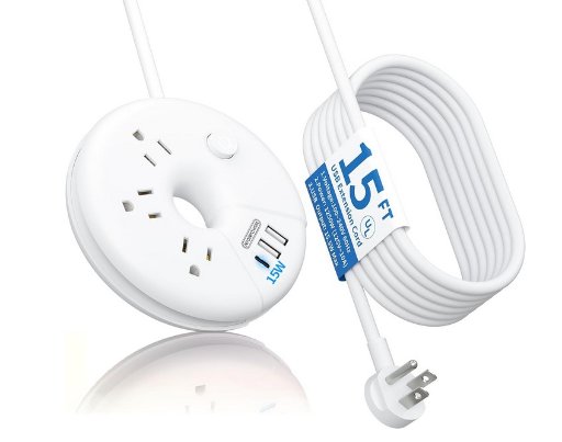 15FT Flat Plug Power Strip W/ 3 AC Ports, 2 USB A Ports & 1 USB C Port