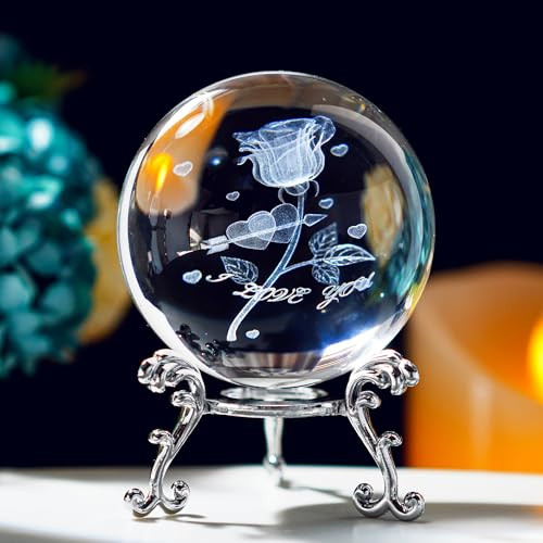 Hdcrystalgifts 60mm 3D Rose Flower Crystal Ball with Stand
