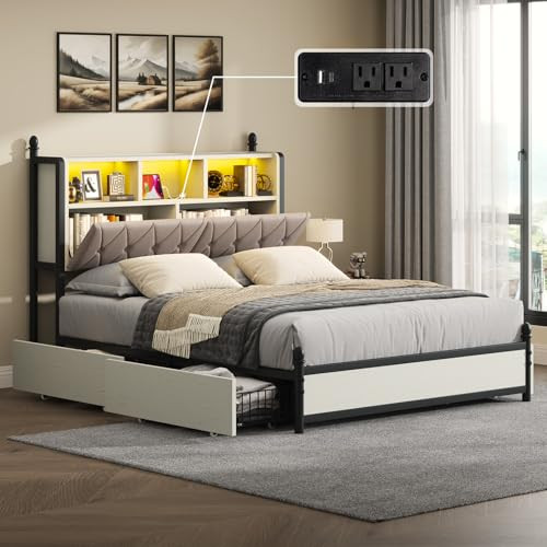Queen Bed Frame with Storage Headboard, LED & Charging Station