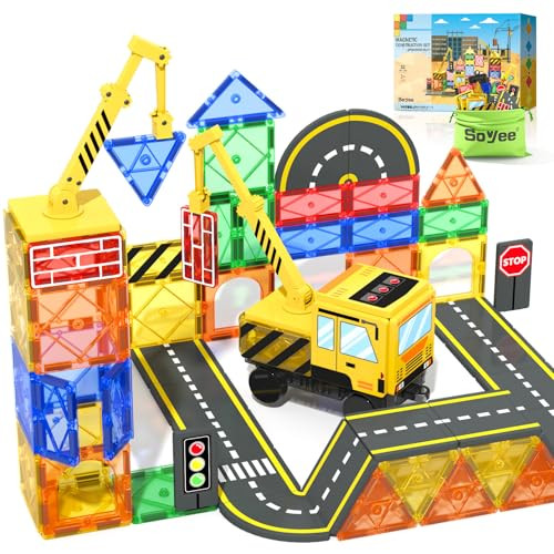 Soyee 32 PC Magnetic Tiles Construction Toys with Crane and Road Pieces