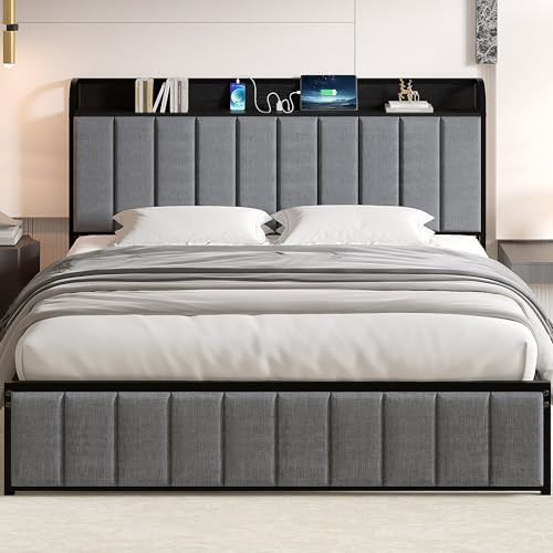 Vecelo Queen Bed Frame w/ Headboard with Charging Station