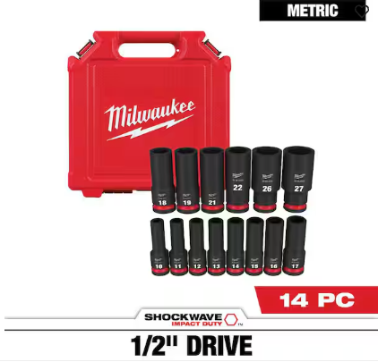 Milwaukee SHOCKWAVE 1/2" Drive Metric Deep Well 6 Point Impact Socket Set