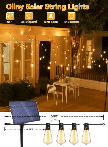 Ollny Waterproof Solar String Lights, 50'
