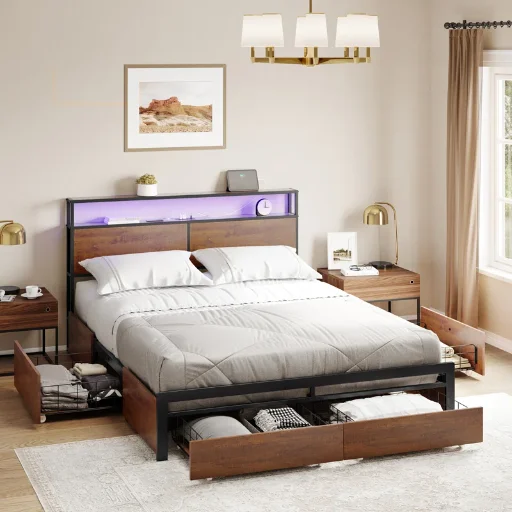 Antioch Bed Frame with Drawers, LED, and Charging