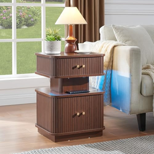 Mid-Century LED Nightstand with Charging Station & 2 Drawers