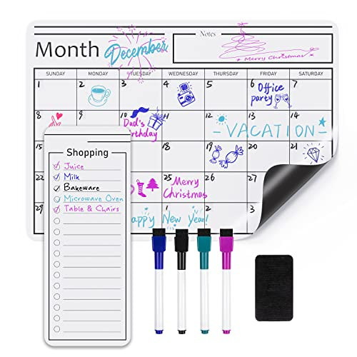 Amazon Basics Magnetic Dry Erase Whiteboard Calendar w/ 4 Markers And Eraser (12" x 17")