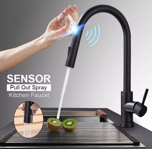 Black Pull Out Sensor Kitchen Faucet with Touch Control and 2-Function Mixer