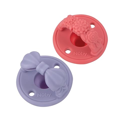 Nuby 2-Pack 3-D Sili Soother Silicone Pacifiers (Purple Bow & Pink Flowers)