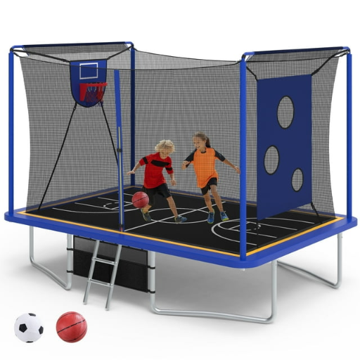 Large Rectangle Trampoline with Enclosure Net and Basketball Hoop