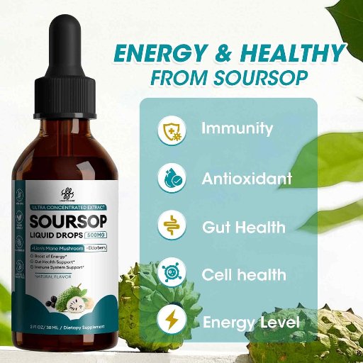 Soursop Graviola Liquid Drop with Elderberry & Lion Mane Mushroom, 1 Fl. Oz.
